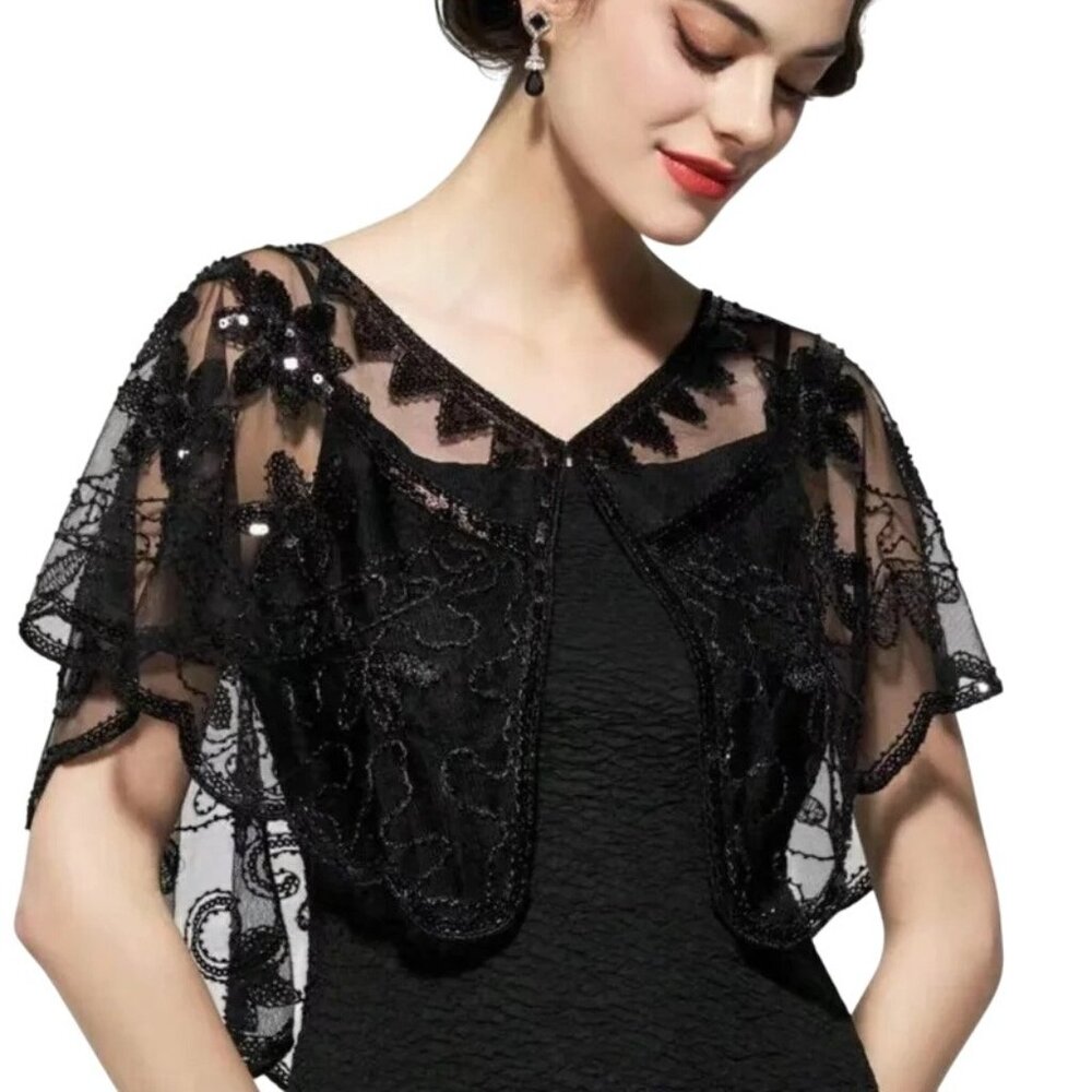 Black Sheer Stunning Sequin Shrug Bolero Jacket With Floral Embroidery